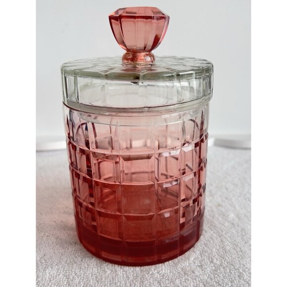 Pink Ombre Glass Vanity Jar 6.5"H x 4"D Storage Container Bathroom Dresser - Picture 1 of 8